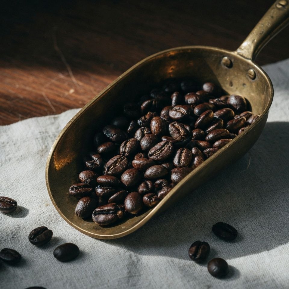 A brass scoop filled with roasted coffee beans on linen cloth