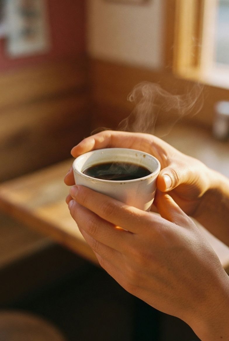 Two hands holding a small ceramic cup of hot coffee with rising steam