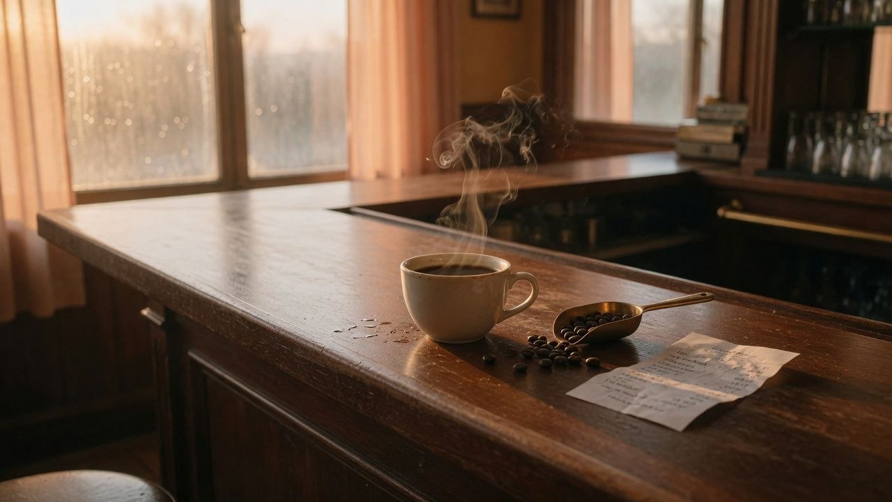 A quiet café corner with golden light, white cup, brass scoop, scattered beans, and a handwritten note